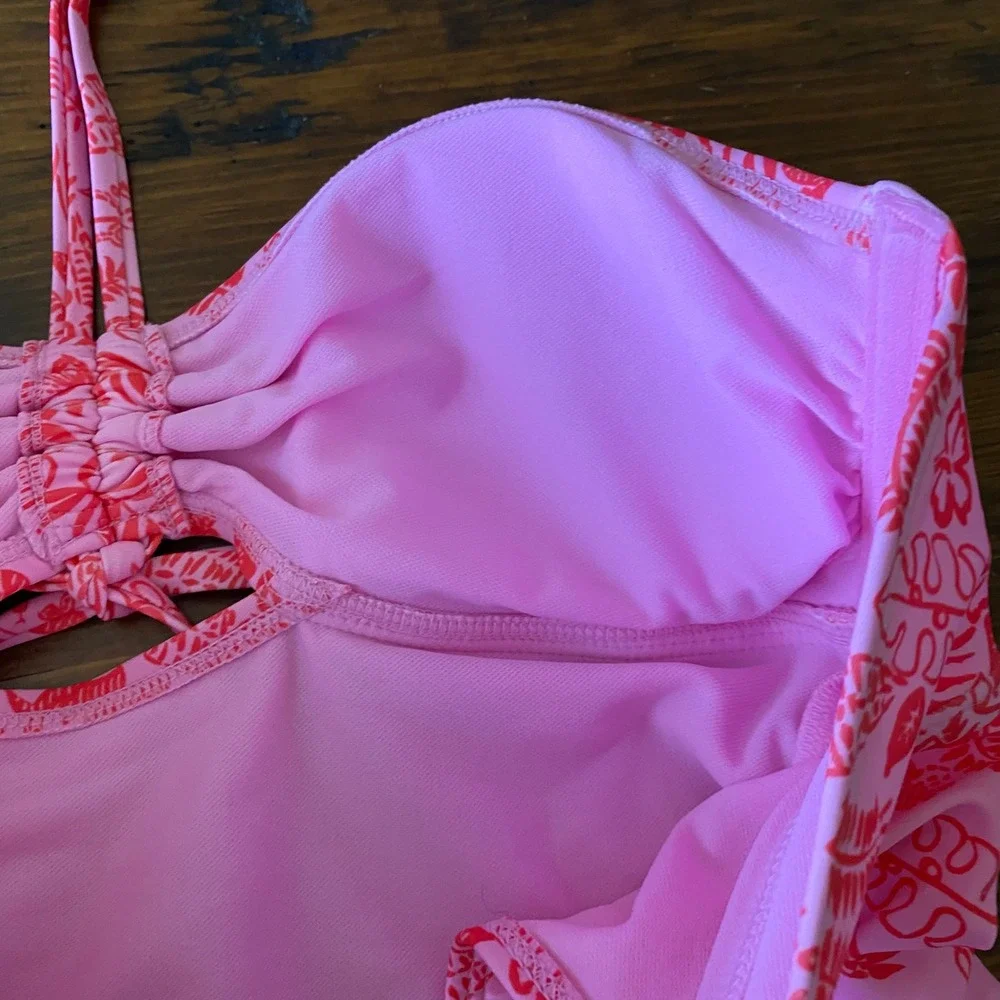 No Boundaries Pink Tropical Toucan Cheeky High Leg 1-Piece Swimsuit Medium 8-10